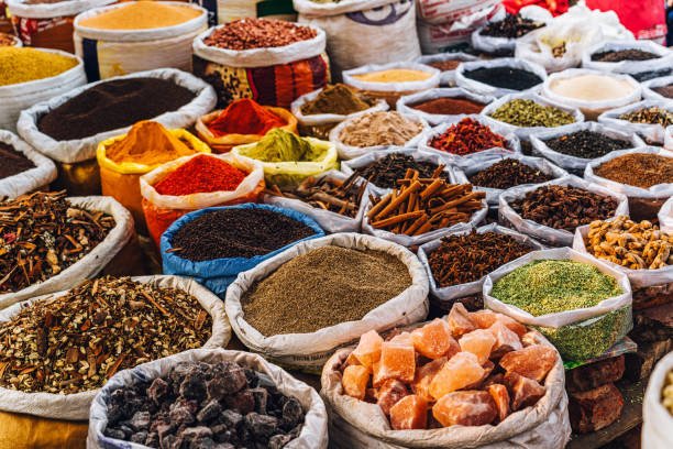 Aromatic Indian spices and ingredients at Khari Baoli spice market in Old Delhi