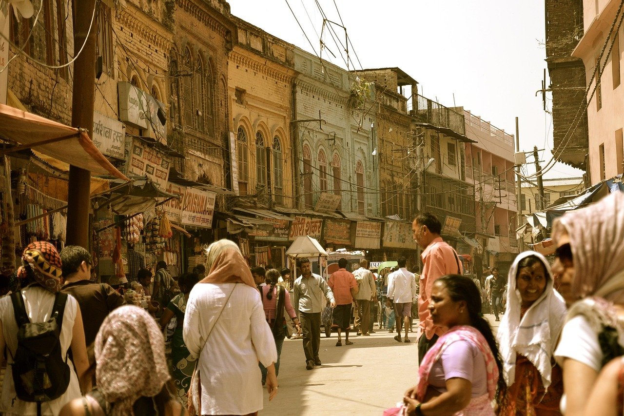 A busy market street in India